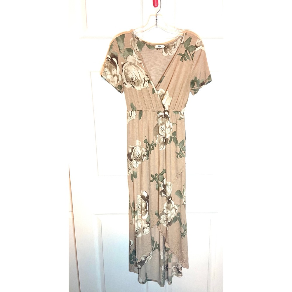 Egy Floral High Low Maxi Dress Tan Pink Rose Wrap V-Neck Short Sleeve Small